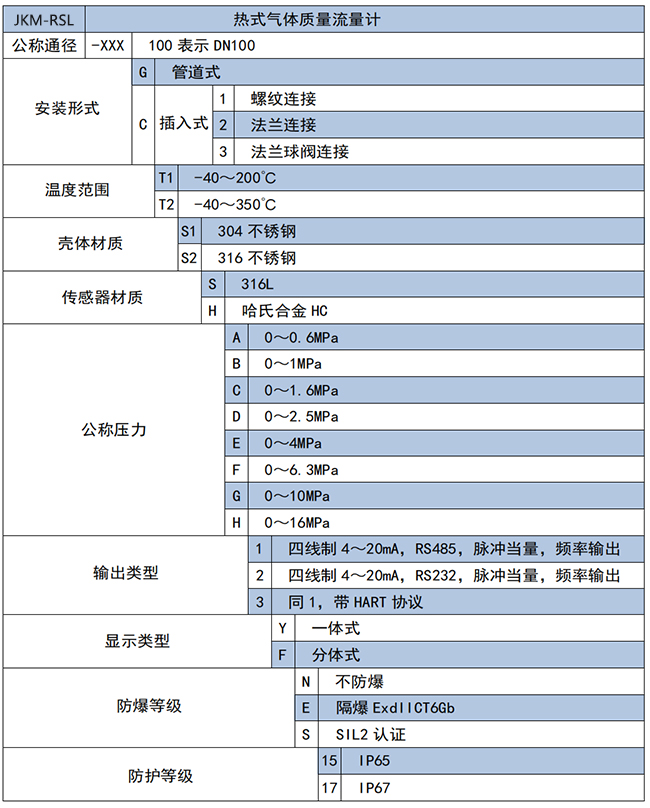DN250熱式氣體質(zhì)量流量計(jì)選項(xiàng)表