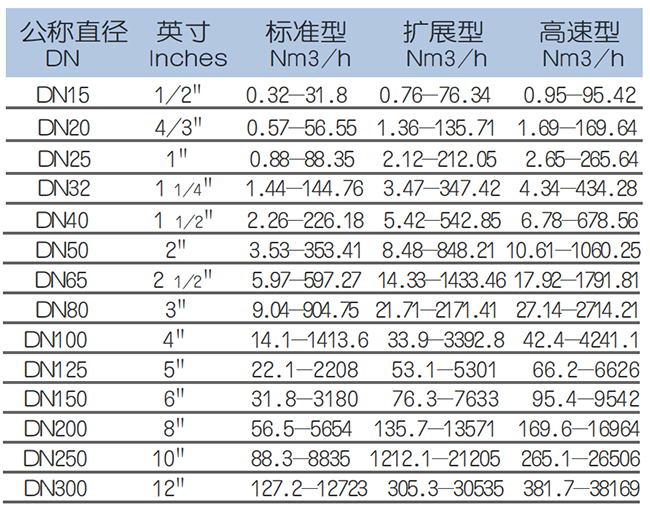 DN20熱式氣體質量流量計流量范圍表